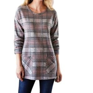 Soft Surroundings Tunic Women's XL Jersey Knit Plaid Blues Pink Has side slits 2